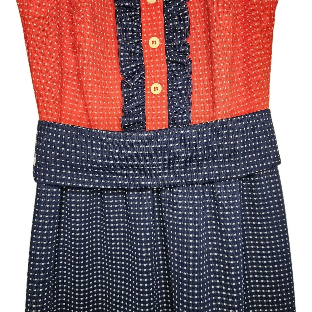 Vintage 70s Bayberry Prairie Maxi Dress Pin Dot Polka Ruffle Americana Red Blue - Picture 3 of 13